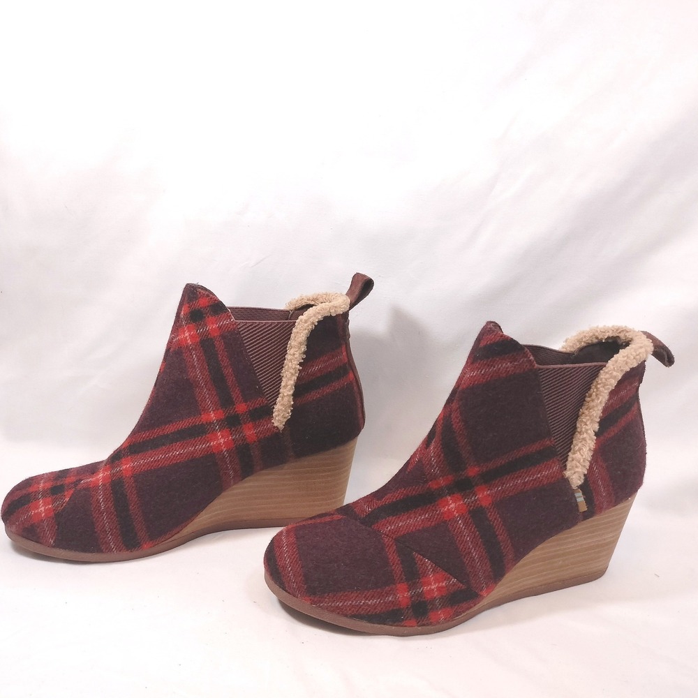 TOMS Red Plaid Wedge Booties; Faux Shearling Trim, Wool Blend, Heel Pull Tab